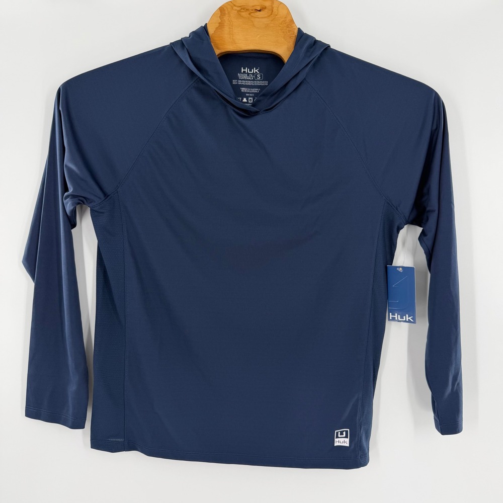 Huk Pursuit Fishing Hoodie Mens Small Navy Blue LS Performance Shirt NWT